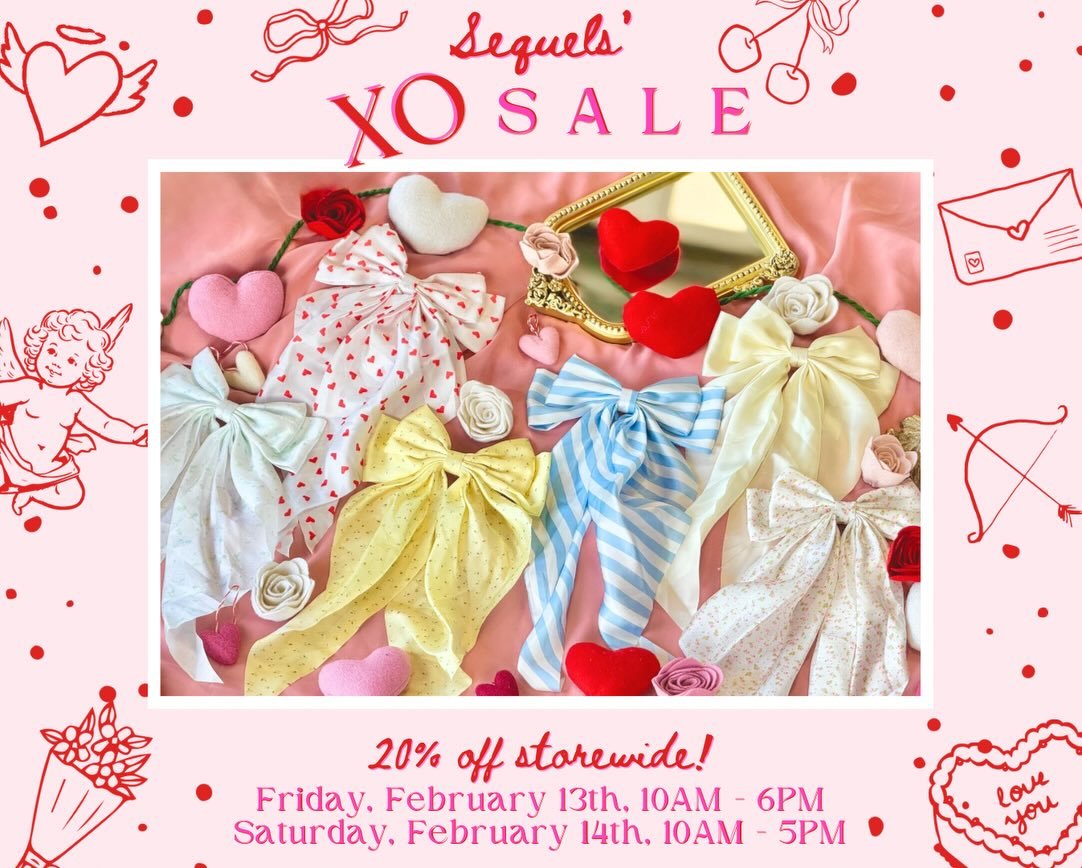 👼💘Another sneak peek of our Sequels Exclusive Accessories! ✨ 
From oversized satin bows to silky floral scarves, these are the pieces that make an outfit pop. Come shop these exclusives and MORE at our XO Sale!❌⭕️💖

💝Details💝
&bull; Friday, 2/13