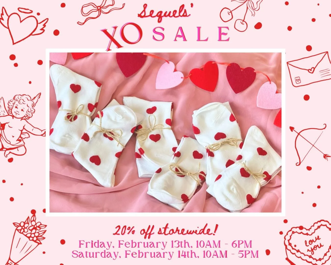 ✨GIVEAWAY ALERT! 💌🧦
We&rsquo;re sharing the love with an early bird special! 😘❤️
The first six customers to spend $50 or more at our XO Sale will receive a pair of these Sequels Exclusive heart socks for FREE! 💝
They&rsquo;re cozy, cute, and very