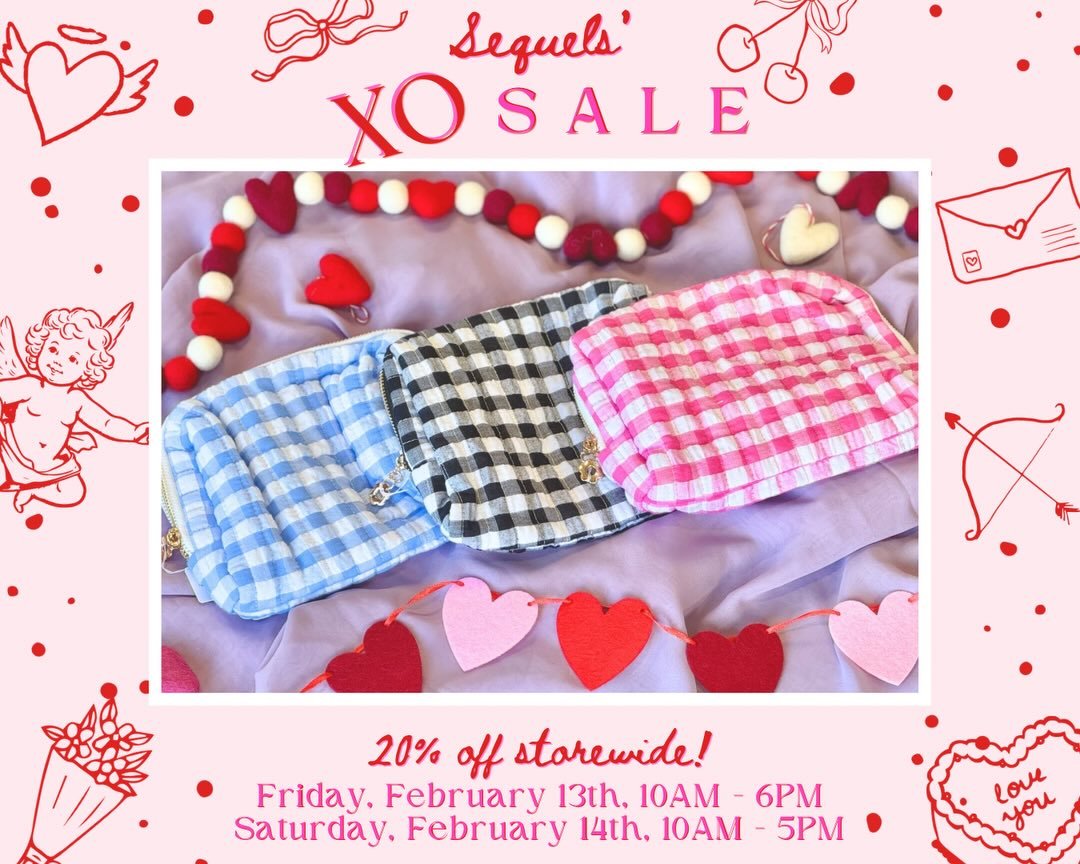 ✨The countdown is on! 🥂 Our XO Sale starts tomorrow, and we can&rsquo;t get enough of these Sequels Exclusive gingham pouches, purses, &amp; charms. 👛✨
Come see the full collection in person starting Friday at 10AM.

💘Sale Details💘
&bull; Friday,