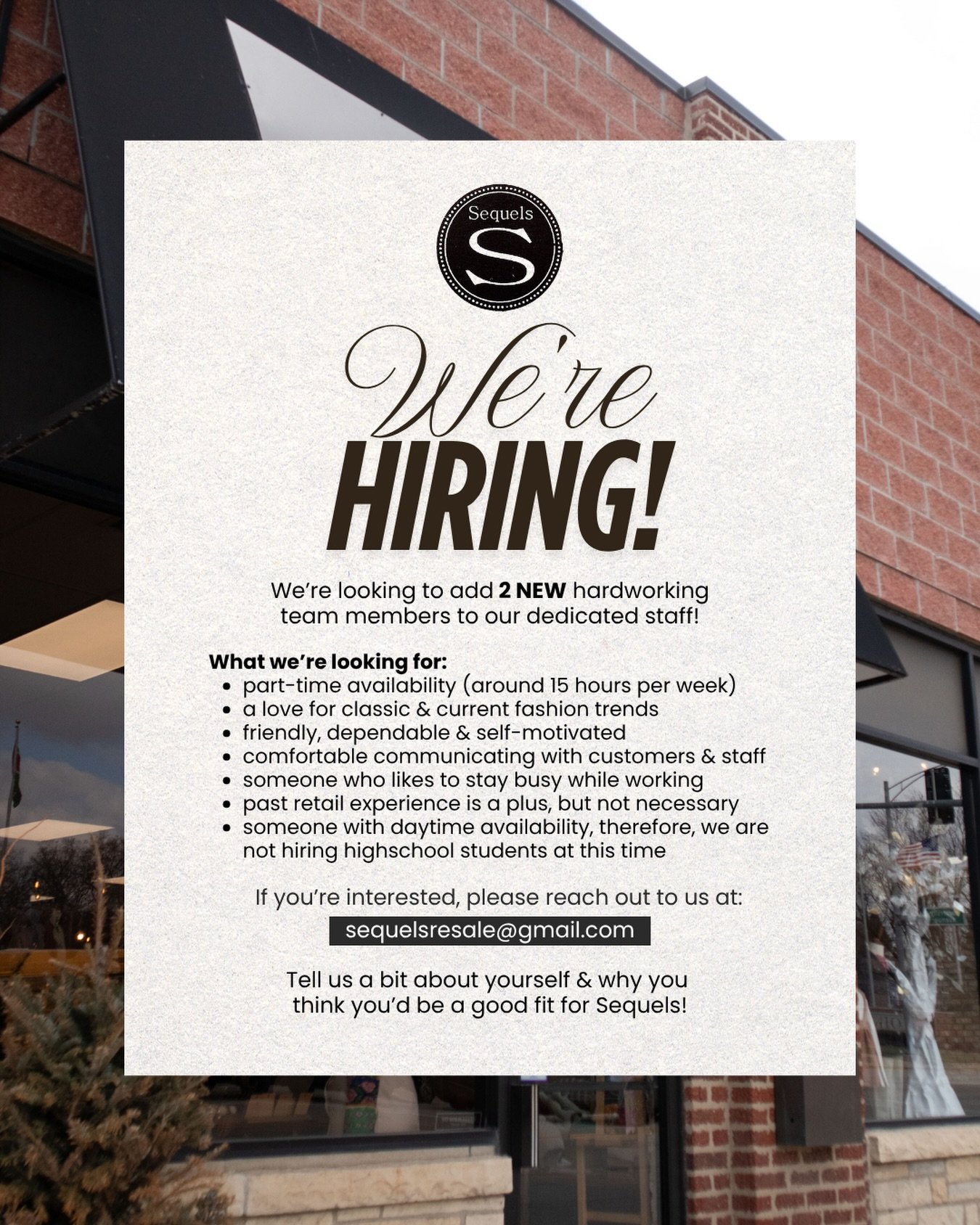 We are hiring!✨

If you love fashion, enjoy staying busy, and thrive in a friendly, fast-paced environment, this may be the perfect fit for you. Check up above for all the details on what we&rsquo;re looking for and how to apply!

We can&rsquo;t wait