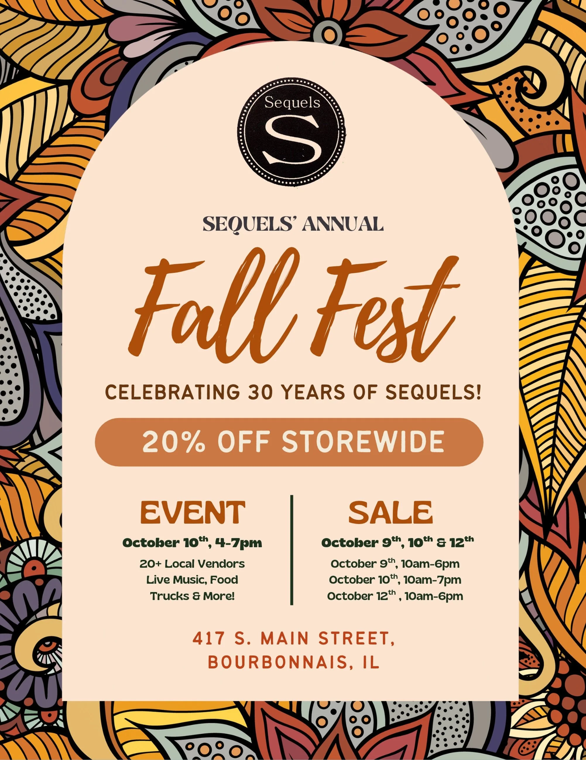 🍂 MARK YOUR CALENDARS! 🍂

We&rsquo;re celebrating 30 years of Sequels with 3 SALE days! 

🛍️ 20% OFF: September 9th, 10th &amp; 12th
🍁 Fall Fest: September 10th | 4&ndash;7 PM

Save the dates and get ready for three days of celebrating! More deta