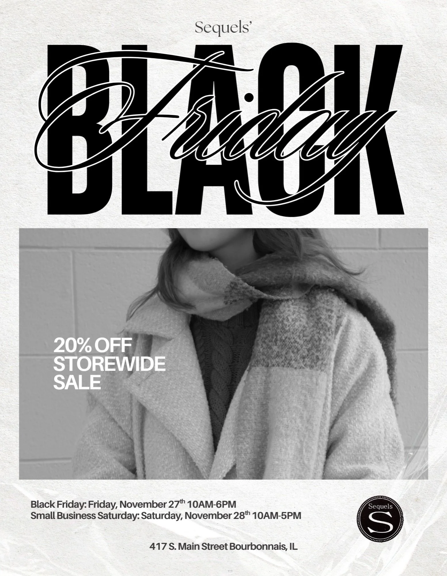 Mark your calendars! 🛍️

Join us at Sequels for our Black Friday &amp; Small Business Saturday SALE!

📅 Friday, November 27 | 10&ndash;6
📅 Saturday, November 28 | 10&ndash;5

✨ 20% OFF STOREWIDE! ✨