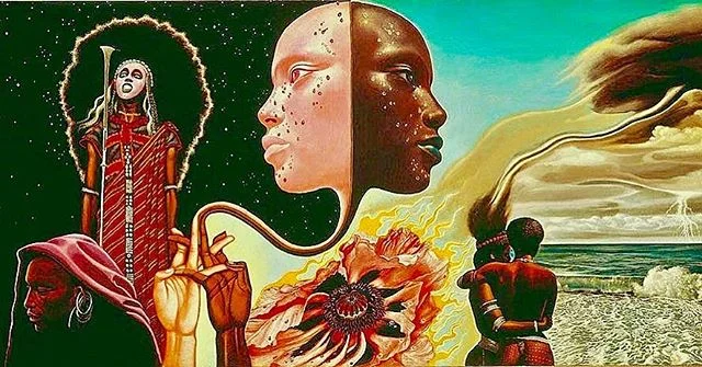 Bitches Brew: by Mati Klarwein. Featured on Miles Davis&rsquo; album.  Intrinsically linked to the racial and political climate of the early 1970&rsquo;s.  The Afro-centric and psychedelic undertones echo within the Black Power movement.
&bull;
In a 