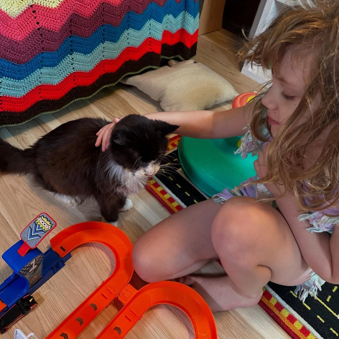 Eliana hanging out with our old friend Mittens 🐱