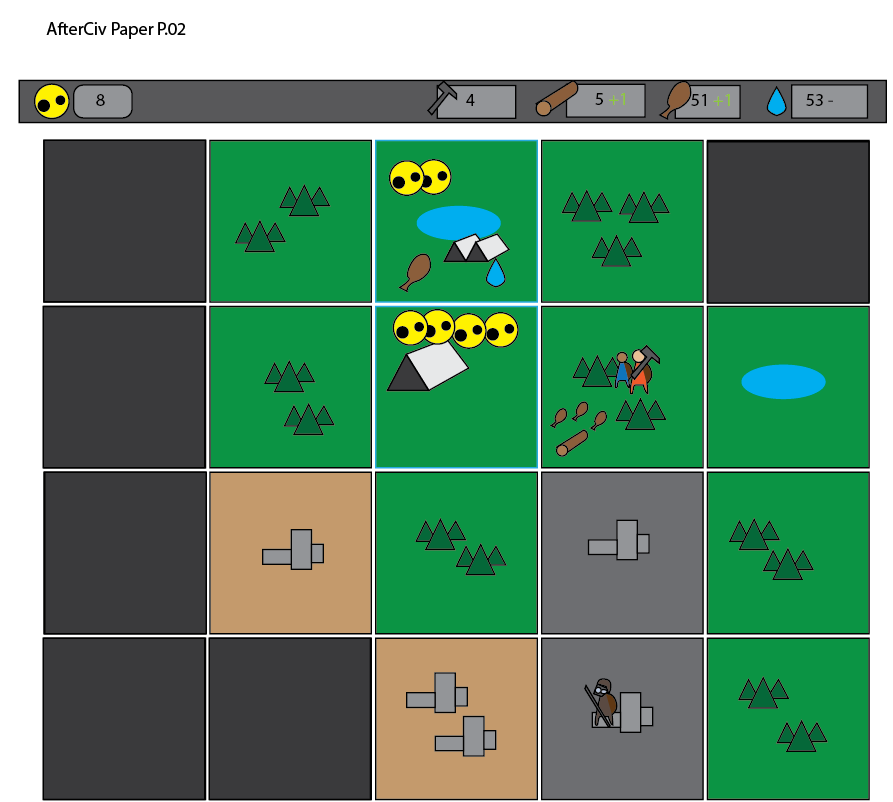 Now the player may move Work Crews to generate passive income on the map per turn, allowing for deficensies to be covered. There's a loop here; player gets new survivors, player uses survivors to build new Workers, they generate resources allowing f…