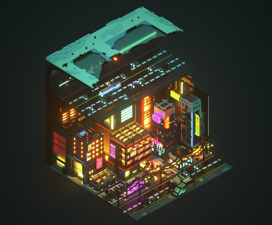 The Megacity scene was developed in a day, after I had done some really basic pieces whilst learning how to use MagicaVoxel for the first time. It's complex, but only visually, as the processes behind it are quite simple to recreate or produce.