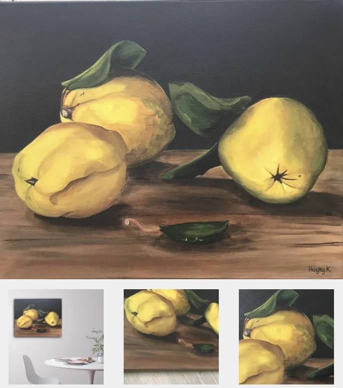 Quinces https://www.bluethumb.com.au/hayley-kruger-artist 51cm (W) x 41cm (H) x 2cm (D) SOLD
