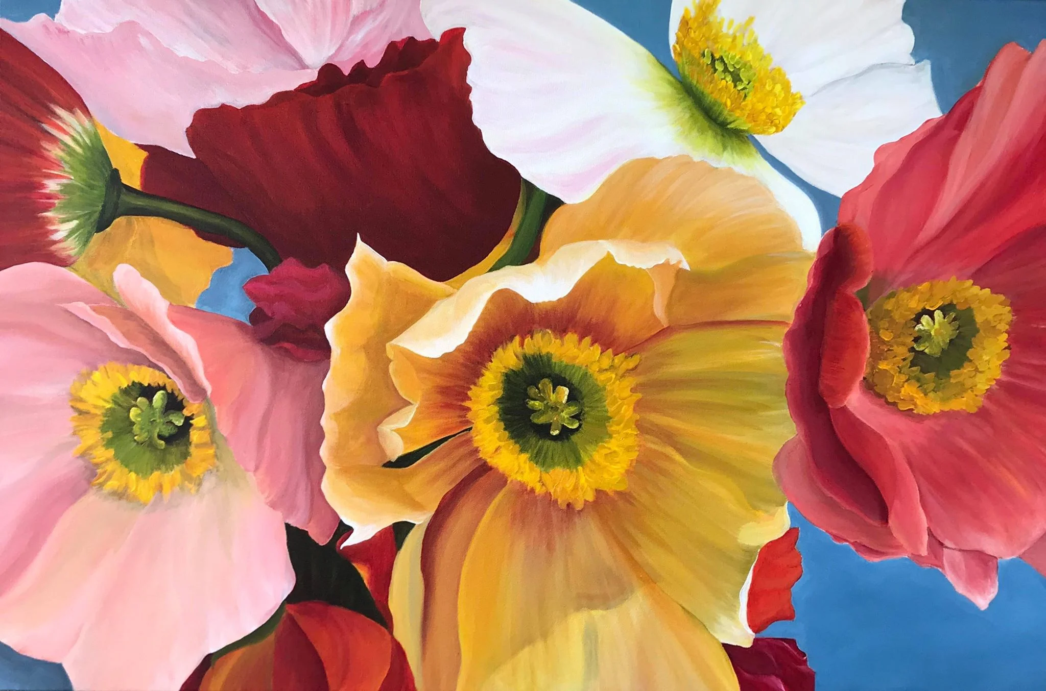 Dancing in the sunshine 90cm (W) x 61cm (H) $960 Spring is my favourite season of the year. The world bursts into a cacophany of colour. I love watching poppies explode from their furry little pods into their bright cheerful blooms. They’re happiness dancing in the gentle breeze while the sun kisses their delicate folds.