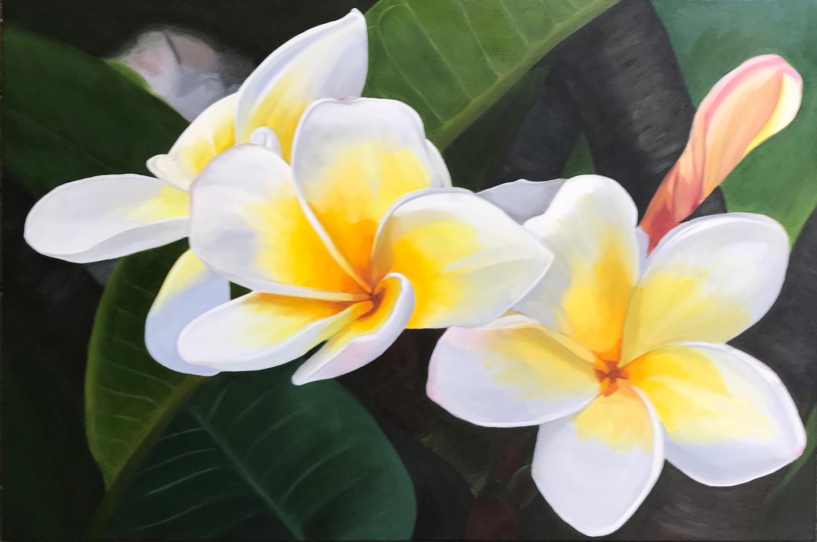 Scent of Summer 91cm (W) x 61cm (H) $700 “Seek to be whole, not perfect” ~ Oprah Winfrey Frangipanis always make me feel like I’m on holiday. They bring back fond memories of soaking up the sun with my toes squeaking on the sand of a tropical paradise.