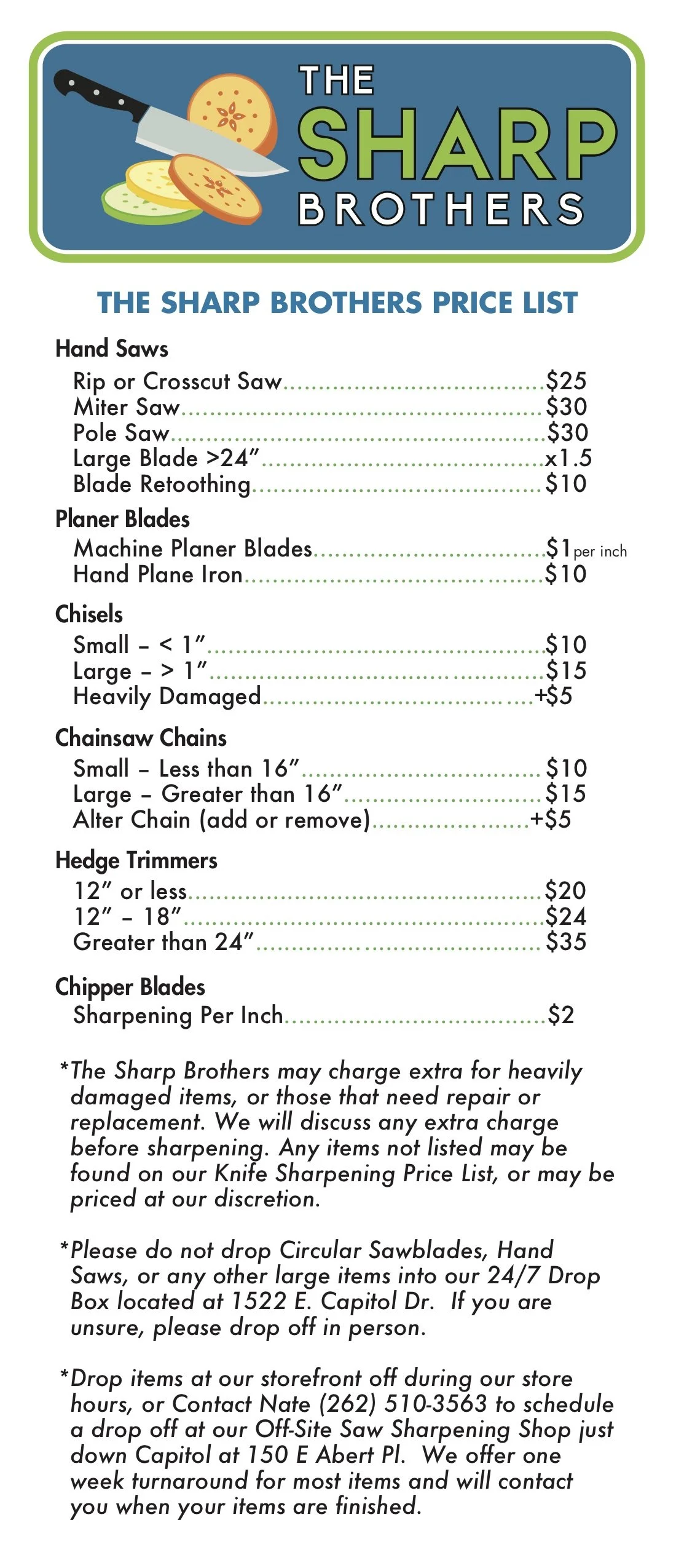 Prices and Services — The Sharp Brothers WI