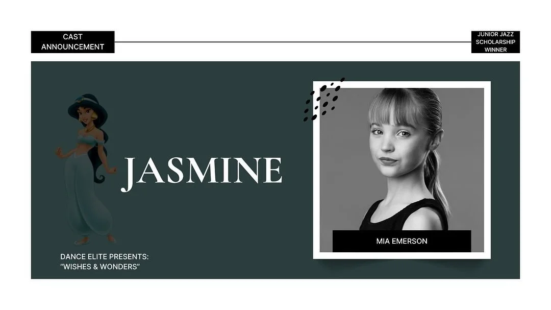 🌟 Character Announcement! 🌟

We&rsquo;re so excited to announce Mia Emerson our 2024 Junior Jazz Scholarship winner as Princess Jasmine in our 2025 end-of-year production &ldquo;Wishes and Wonders&rdquo; ✨

Mia always comes into class ready to work
