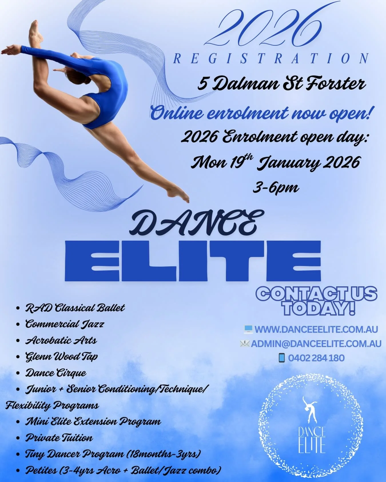💙 2026 ENROLMENTS ARE NOW OPEN 💙

We&rsquo;re so excited to welcome new and returning dancers to another amazing year at Dance Elite!

🤍All current and interested families have now received enrolment instructions, info packs &amp; the 2026 timetab