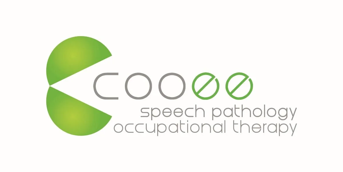 Logo with a Pac-Man character on the left and the words "Cooe speech pathology occupational therapy" on the right, featuring two green circles with diagonal lines.