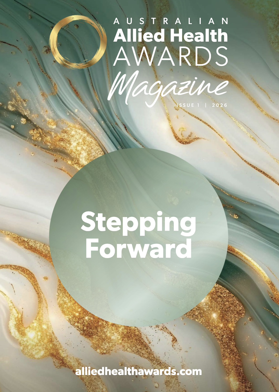 Cover of Australian Allied Health Awards Magazine 2026, issue 1, titled 'Stepping Forward,' with a marble and gold abstract background and the website alliedhealthawards.com.