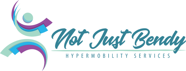 Logo for Not Just Bendy Hypermobility Services featuring a stylized purple and blue figure with curves and circles.