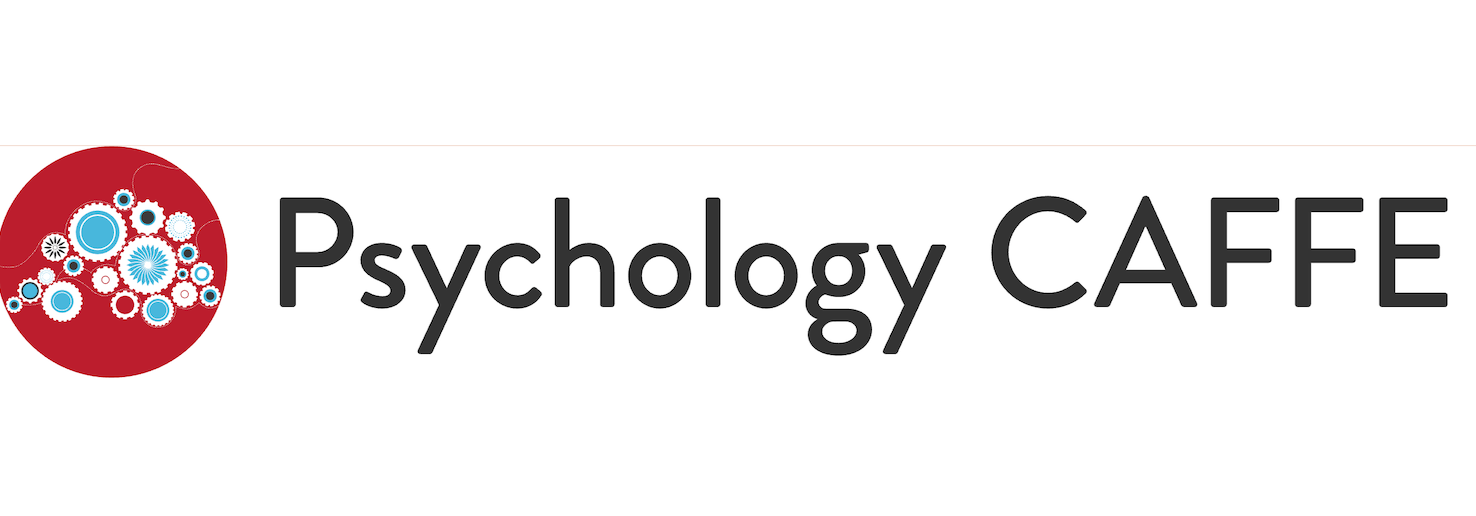 Psychology Caff logo with stylized gear and brain design in a red circle