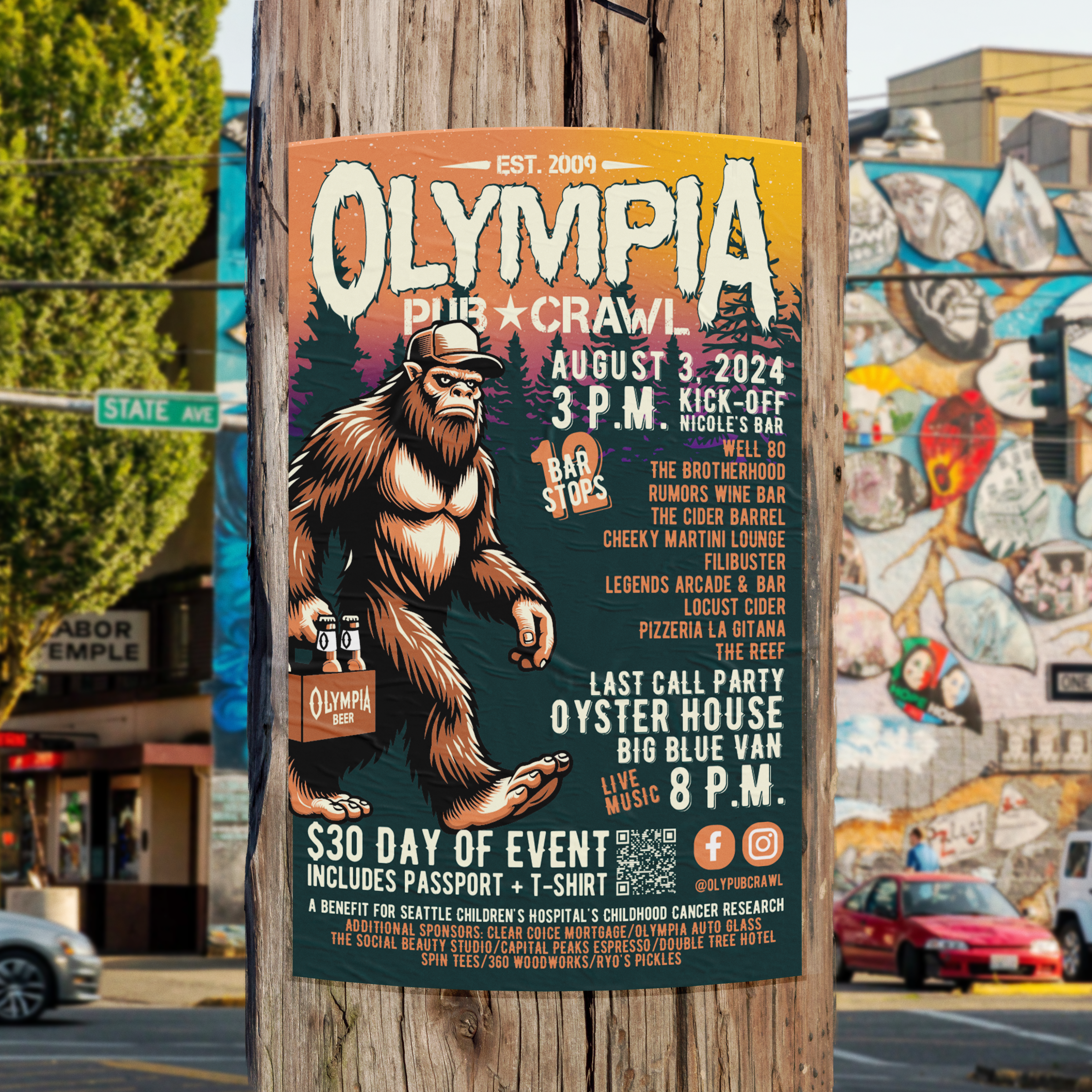 Olympia Pub Crawl Sasquatch Poster — A bold, playful illustrated poster created to celebrate Olympia’s local pub culture with a Pacific Northwest twist. Featuring a custom-designed Sasquatch character, hand-drawn details, and a vibrant, eye-catching 