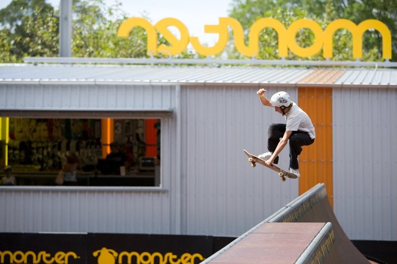 materials in mind &ndash; polycarbonate.

Located on Dharug Country, Monster Skatepark is expressed simply &mdash; a single extruded steel-clad tube, resolved and deliberate.

Polycarbonate punctuates the fa&ccedil;ade through an array of coloured ap