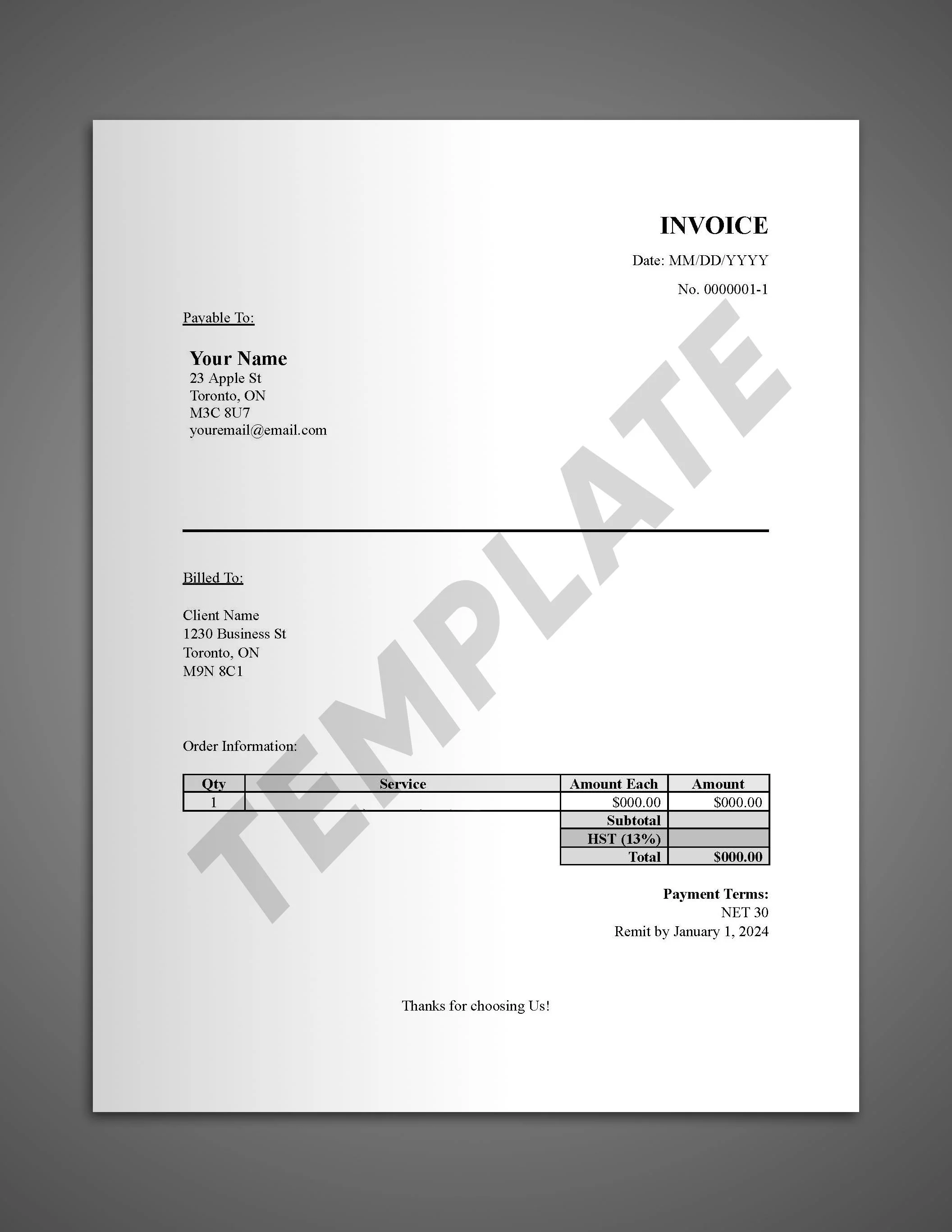 Freelance Photography Invoice