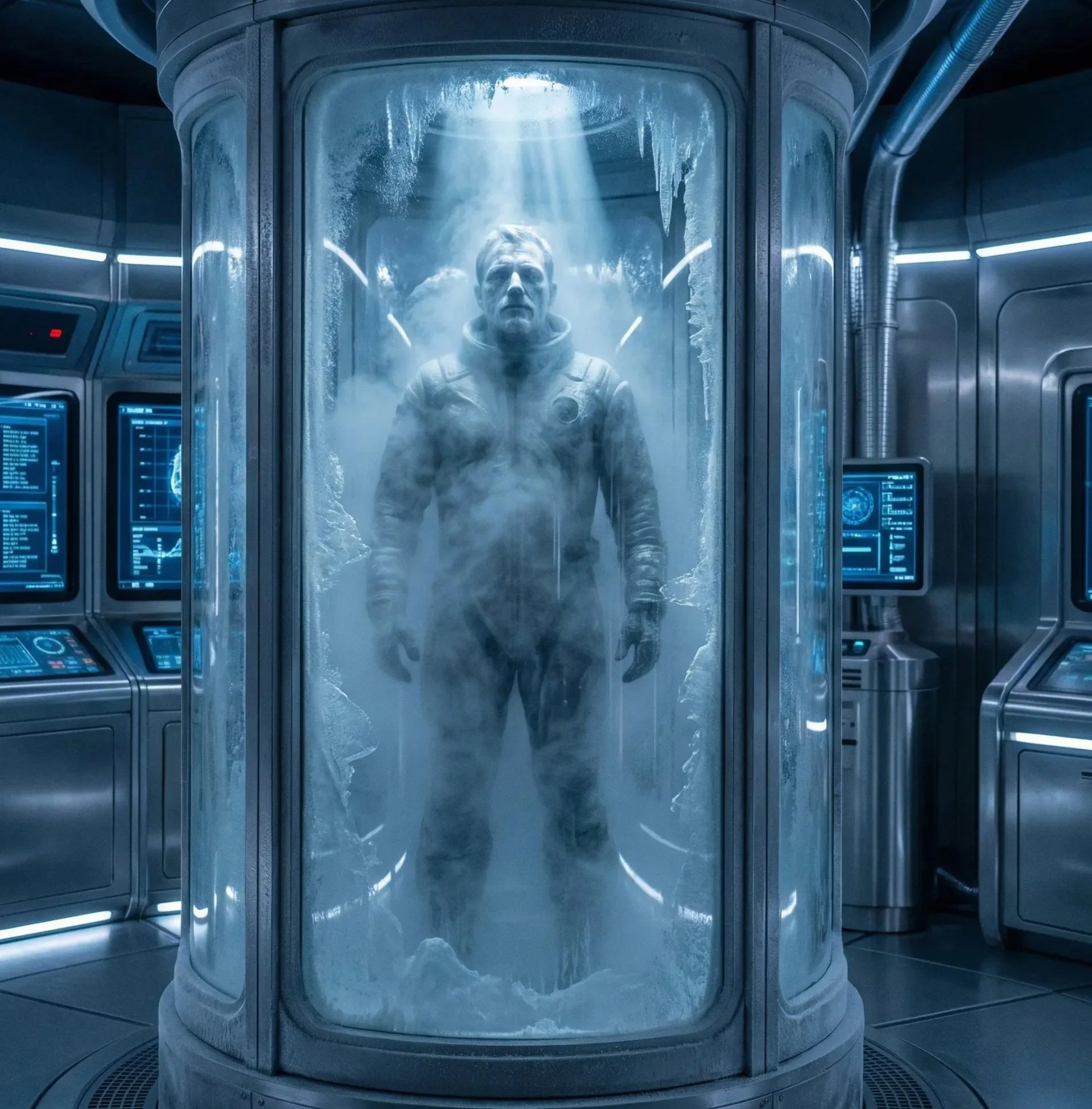 Cryostasis chamber illustration representing human cryopreservation