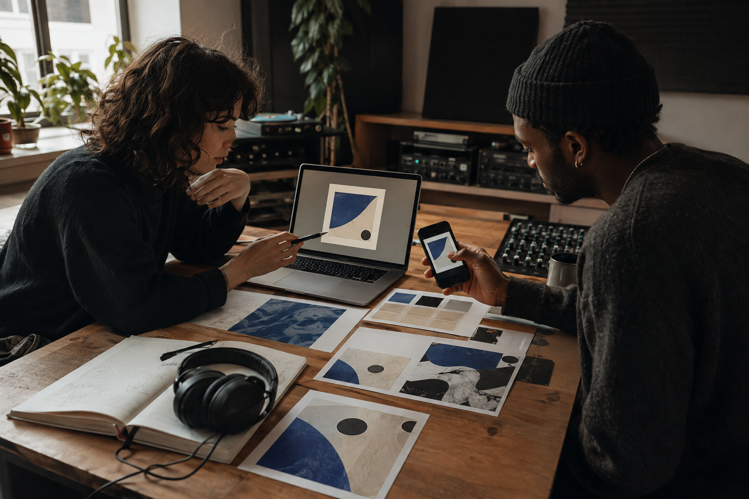 Independent artist and creative collaborator refining album cover concepts for a music release