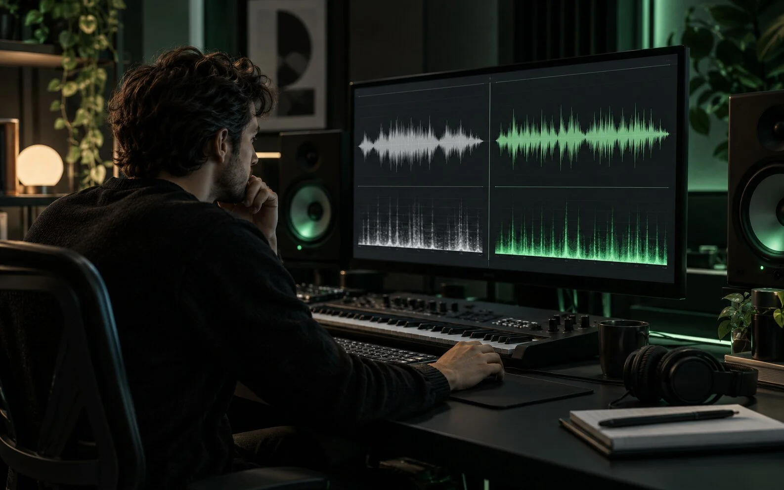 Music producer comparing audio waveforms while evaluating an AI music detector
