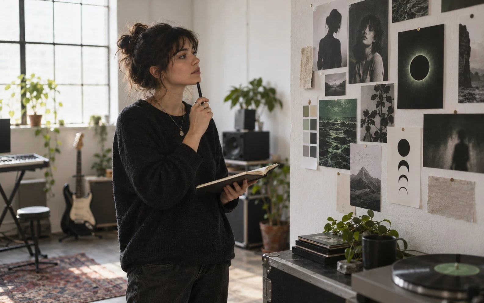Independent musician developing a stage name and visual identity in a studio