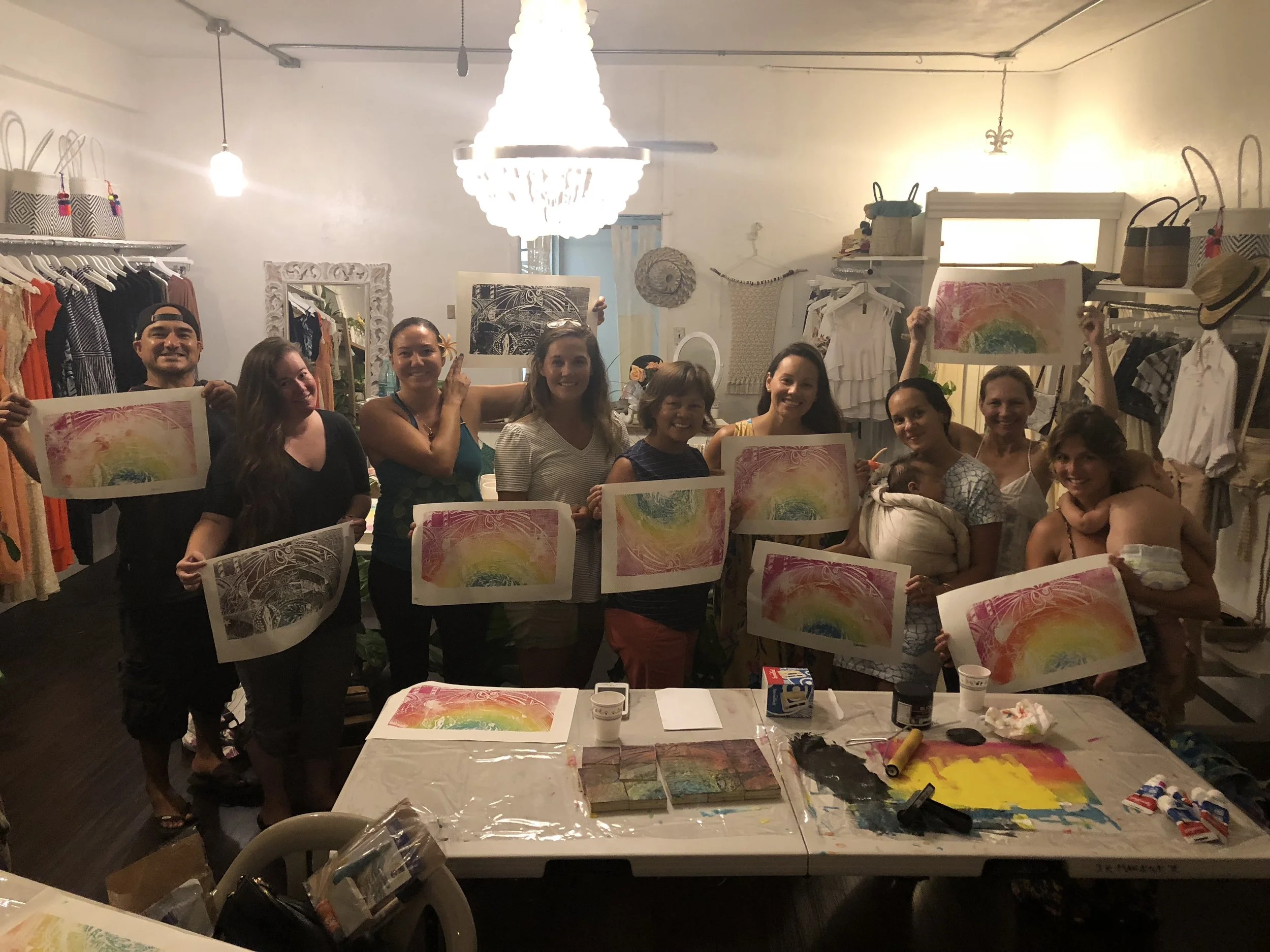  Missing a bunch of our attendees in this picture but mahalo hou to all who came!! And a big thank you to Lynn from BettyxJoe on Kihapai St. Kailua for opening up her store to us to create some amazing art! 