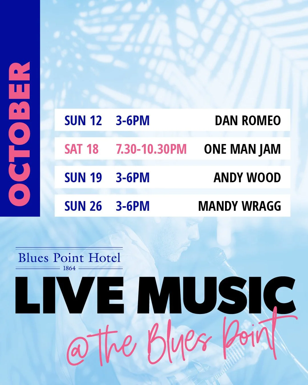 🎶 Hit save to keep hold of our epic Live Music line-up for October🙌 Can't wait to see you at The Blues Point this Spring!🍺⁠ #seeyouattheblues #loveyourlocal⁠
OCTOBER⁠
&bull; Sun 5th - No music - NRL Grand Final⁠
&bull; Sun 12th - Dan Romeo⁠
&bull;