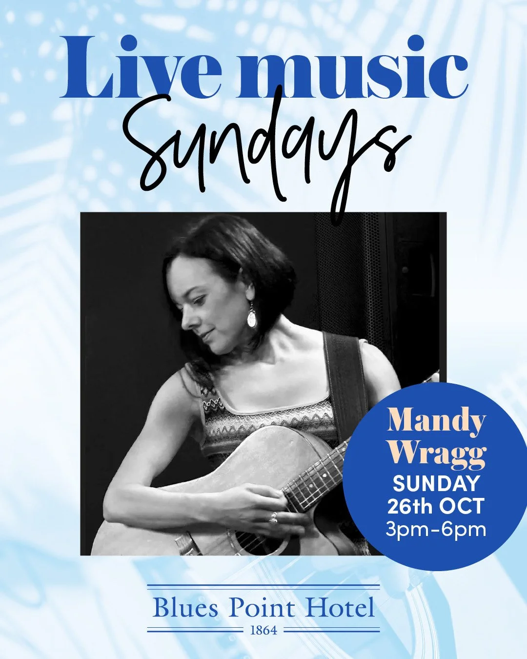 👏Let's welcome back incredible singer songwriter and Blues Point fave Mandy Wragg playing Sunday 26th October from 3-6pm 🎶Mandy has a captivating voice and performs passionate, lyric-driven originals that cross genres including blues, pop and folk,