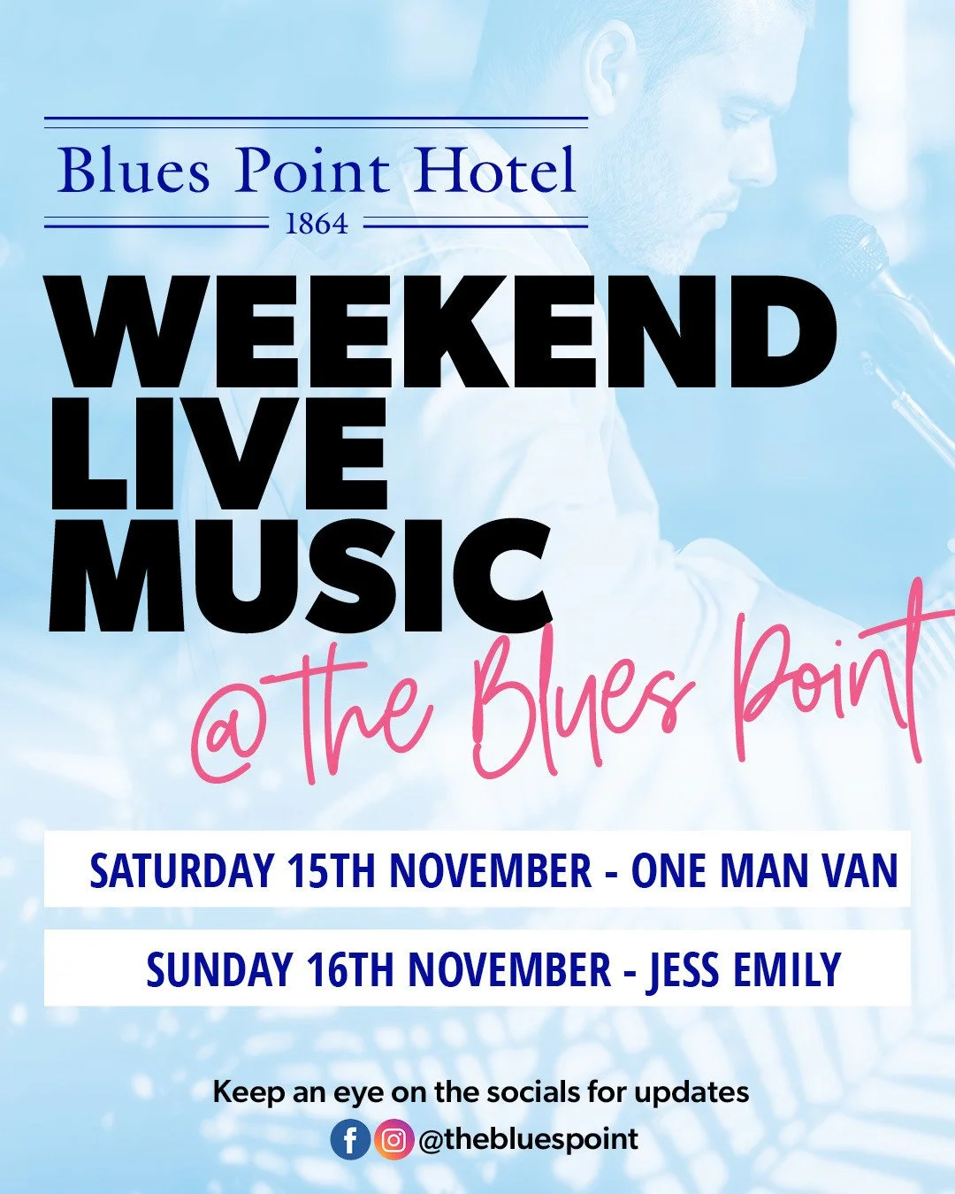 🎶 Check out the incredible live music we've got for you this weekend 🙌⁠
&bull; Sat 15th Nov - One Man Van, 7.30-10.30pm⁠
&bull; Sun 16th Nov - Jess Emily, 3-6pm⁠
Can't wait to see you at The Blues Point!🍺⁠ #seeyouattheblues #mcmahonspoint #loveyou