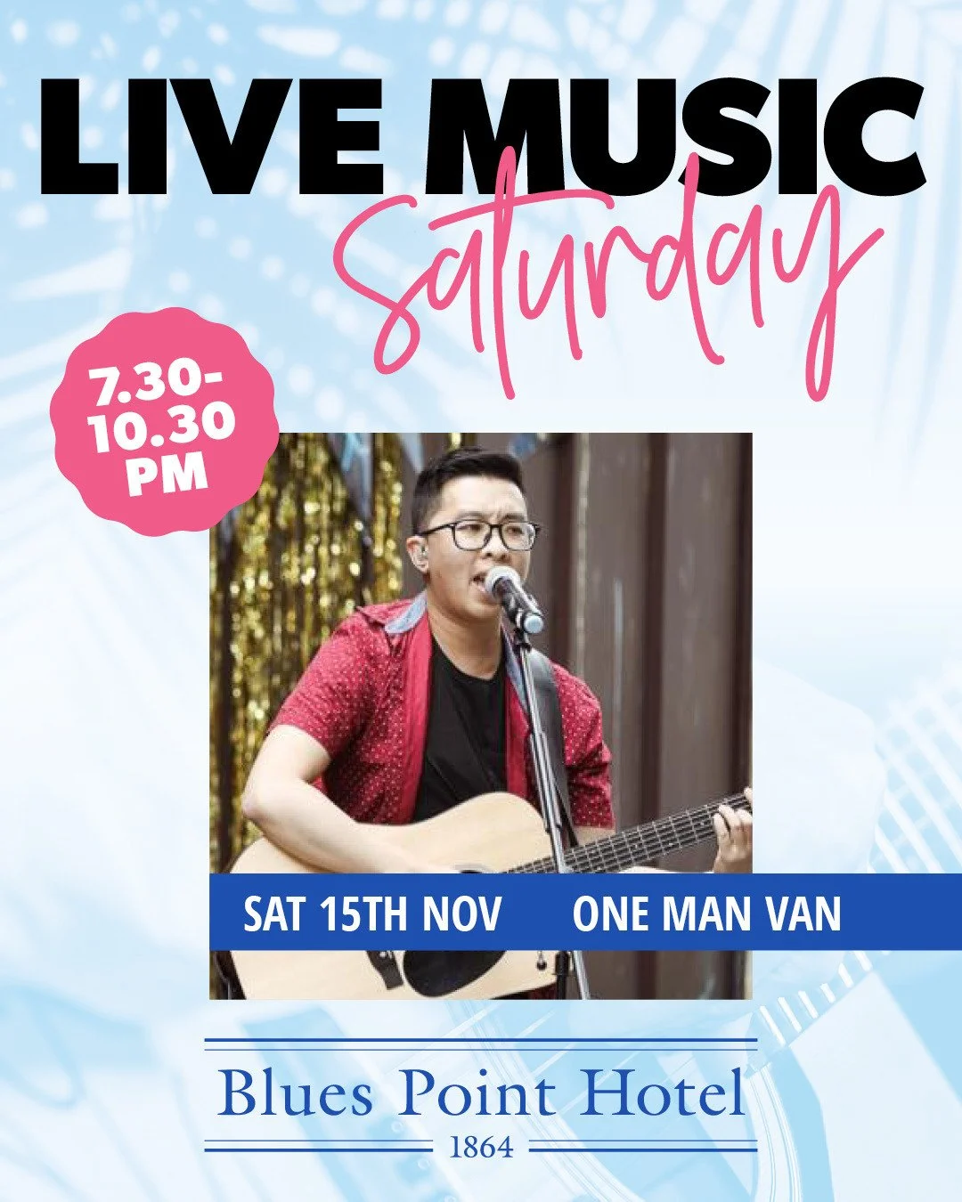 TONIGHT LIVE MUSIC 👏Let's welcome back One Man Van to The Blues Point Hotel, playing your Saturday night from 7.30-10.30pm ⁠
🎶With years of experience playing music, Van has developed a style that blends pop and rock music with intricate guitar wor