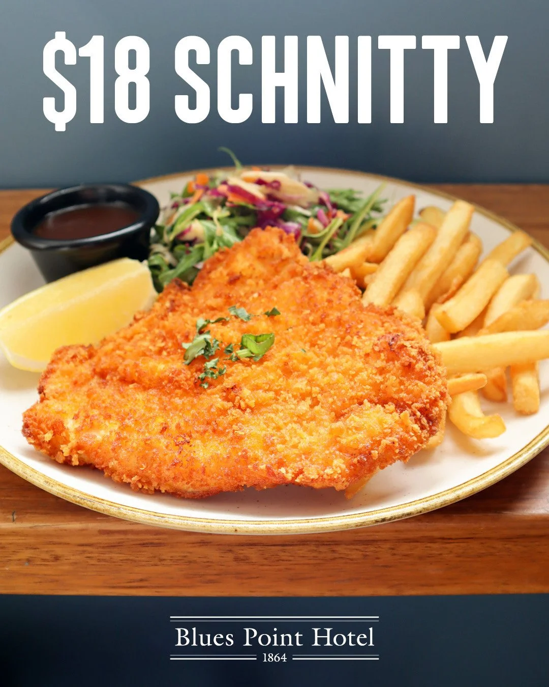 You can't go past $18 Schnitty Night at The Blues!!!🐔 Get the crew together and enjoy our deliciously golden Chicken Schnitzel served with chips, salad &amp; choice of sauce for just $18 every Tuesday night at your favourite local 😋 #schnittynight 