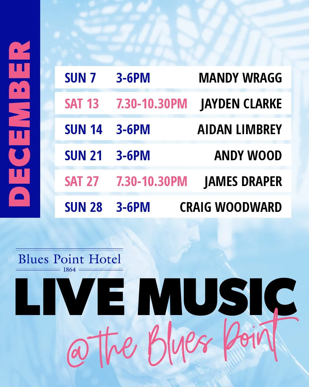 🎶 Hit save to keep hold of our HUGE Live Music line-up for DECEMBER🎄🙌 Can't wait to see you at The Blues Point over the silly season!🍺⁠ #seeyouattheblues #loveyourlocal⁠
DECEMBER⁠
&bull; Sun 7th Dec, 3pm - Mandy Wragg⁠
&bull; Sat 13th Dec, 7.30pm