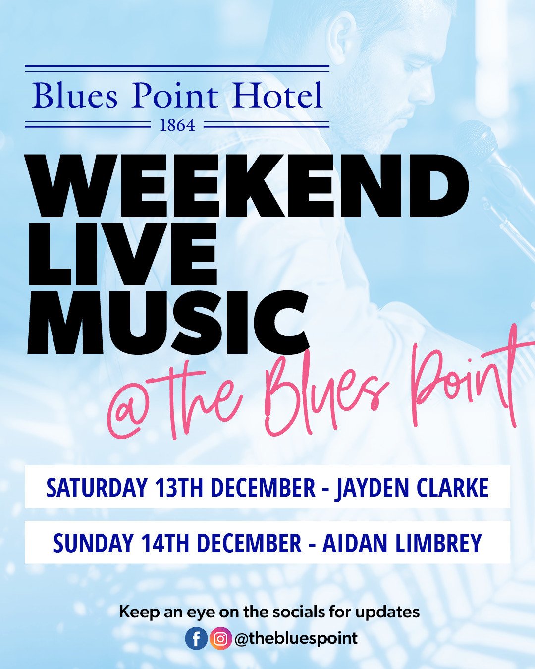 🎄🎶 Elevate your Chrissy catch-up with live music at The Blues this weekend 🙌⁠
&bull; Sat 13th Dec - Jayden Clarke, 7.30-10.30pm⁠
&bull; Sun 14th Dec - Aidan Limbrey, 3-6pm⁠
Can't wait to see you at The Blues Point!🍺⁠ #seeyouattheblues #mcmahonspo