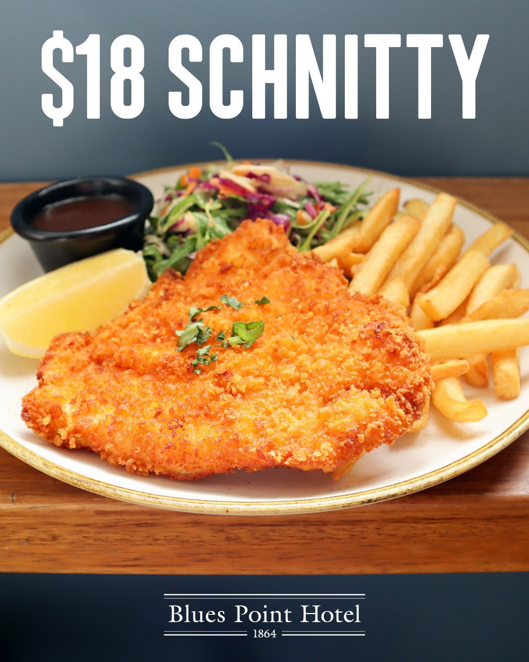 Don't feel like cooking this close to Christmas?🐔 Pop into your local and enjoy our deliciously golden Chicken Schnitzel served with chips, salad &amp; choice of sauce for just $18 every Tuesday night 😋 #schnittynight #loveyourlocal #thebluespoint⁠