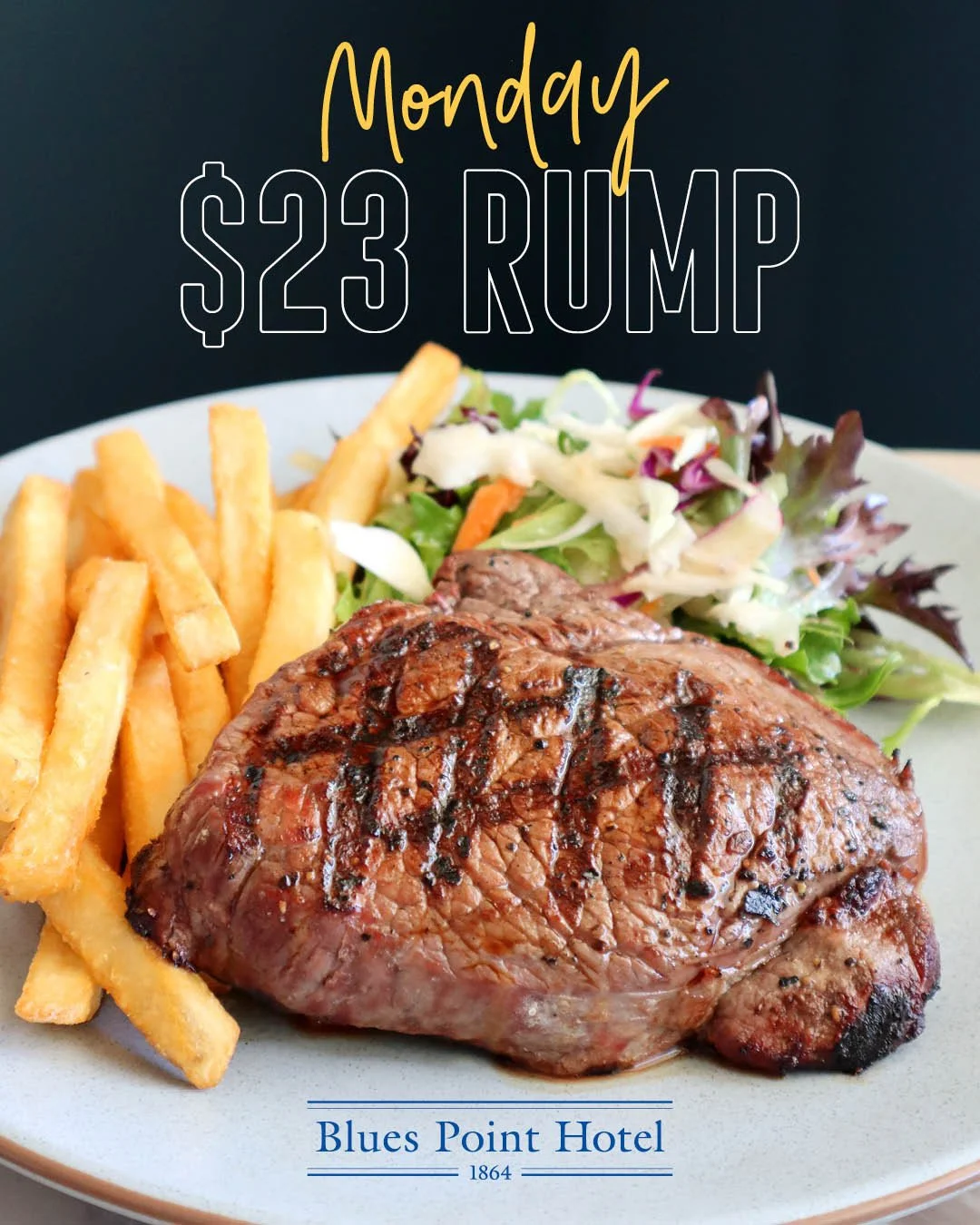 Monday night = $23 Steak Night 🥩 Every Monday night enjoy our delcious Rump Steak cooked just the way you like it, served with Chips, Salad and your choice of Mushroom or Pepper Sauce or Rosemary gravy 😋⁠
#mondayspecial #loveyourlocal #steaknight