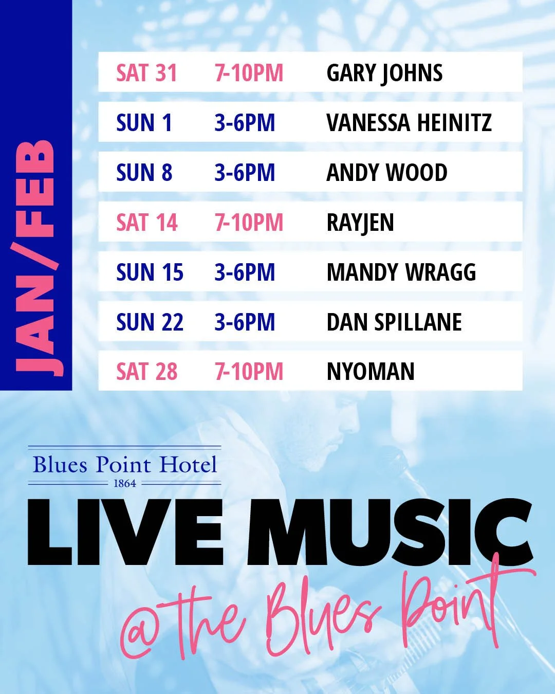 🎶Live music is back for 2026 next Saturday 31st Jan at The Blues Point!⁠
🙌 #seeyouattheblues #loveyourlocal⁠
&bull; Sat 31st January, 7pm - Gary Johns⁠
&bull; Sun 1st Feb, 3pm - Vanessa Heinitz⁠
&bull; Sun 8th Feb, 3pm - Andy Wood⁠
&bull; Sat 14th 