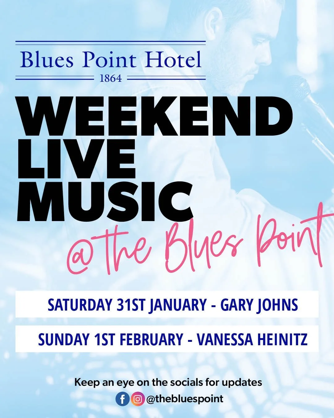 LIVE MUSIC is back this weekend 🎶 Check out the incredible line-up we&rsquo;ve got for you 🙌⁠
&bull; Sat 31st Jan - Gary Johns, 7-10pm⁠
&bull; Sun 1st Feb - Vanessa Heinitz, 3-6pm⁠
Can&rsquo;t wait to see you at The Blues Point!🍺⁠ #seeyouattheblue