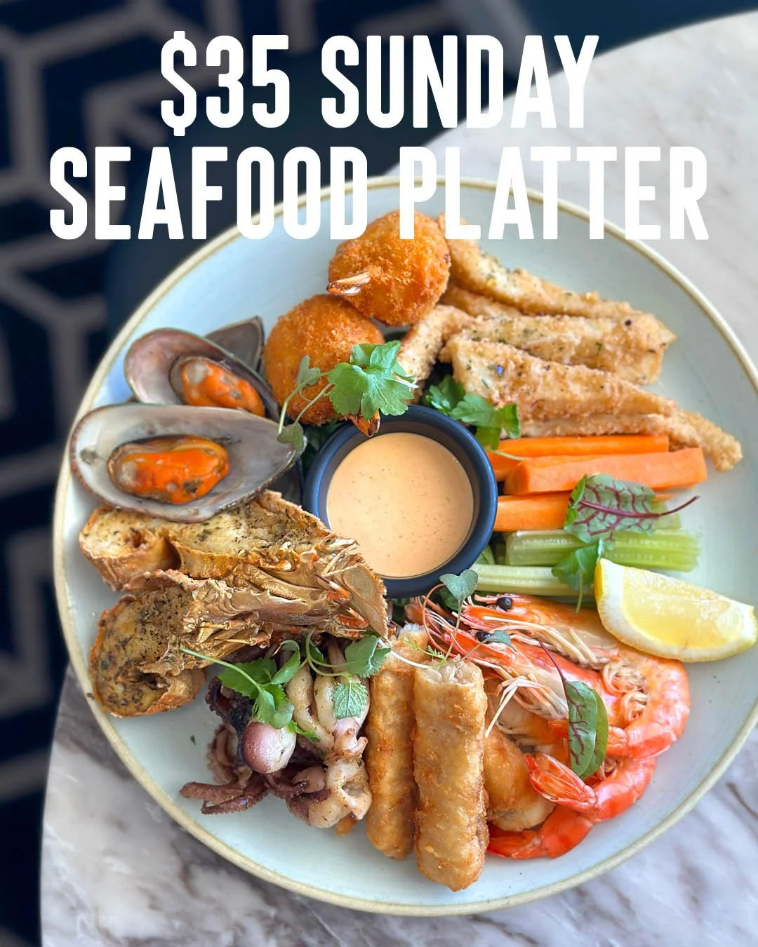 ☀️🦀🥂 Have you tried our EPIC Summer Sunday Seafood Platter yet?! Indulge in the catch of the day every Sunday at The Blues Point for only $35 🙌⁠ Includes: Balmain Bugs⁠, Tiger Prawns⁠, Octopus⁠, Battered Flathead⁠, crumbed Crab Claw⁠, Calamari, Mu