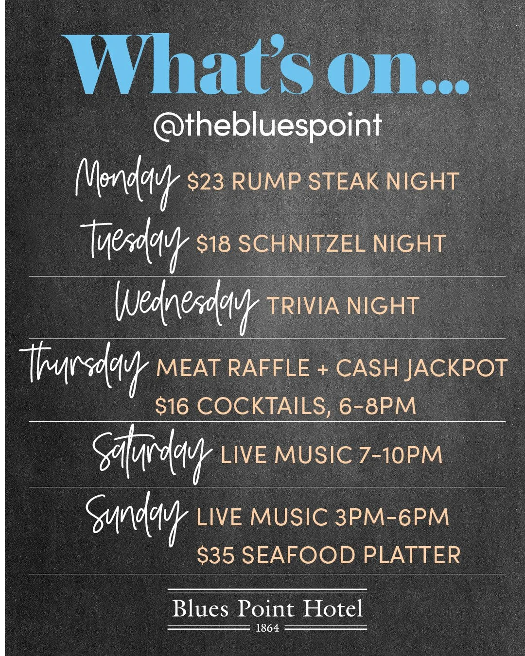 This week a The Blues... 🤔⁠
🥩Monday - $23 Rump Steak⁠ night⁠
🐓 Tuesday - $18 Chicken Schnitty⁠ night⁠
🤓 Wednesday - Trivia Night, 7.30pm. Bookings essential!⁠
💰 Thursday - Blues Point Yacht Club Meat Raffle and Cash Jackpot⁠!⁠
And $16 cocktails 