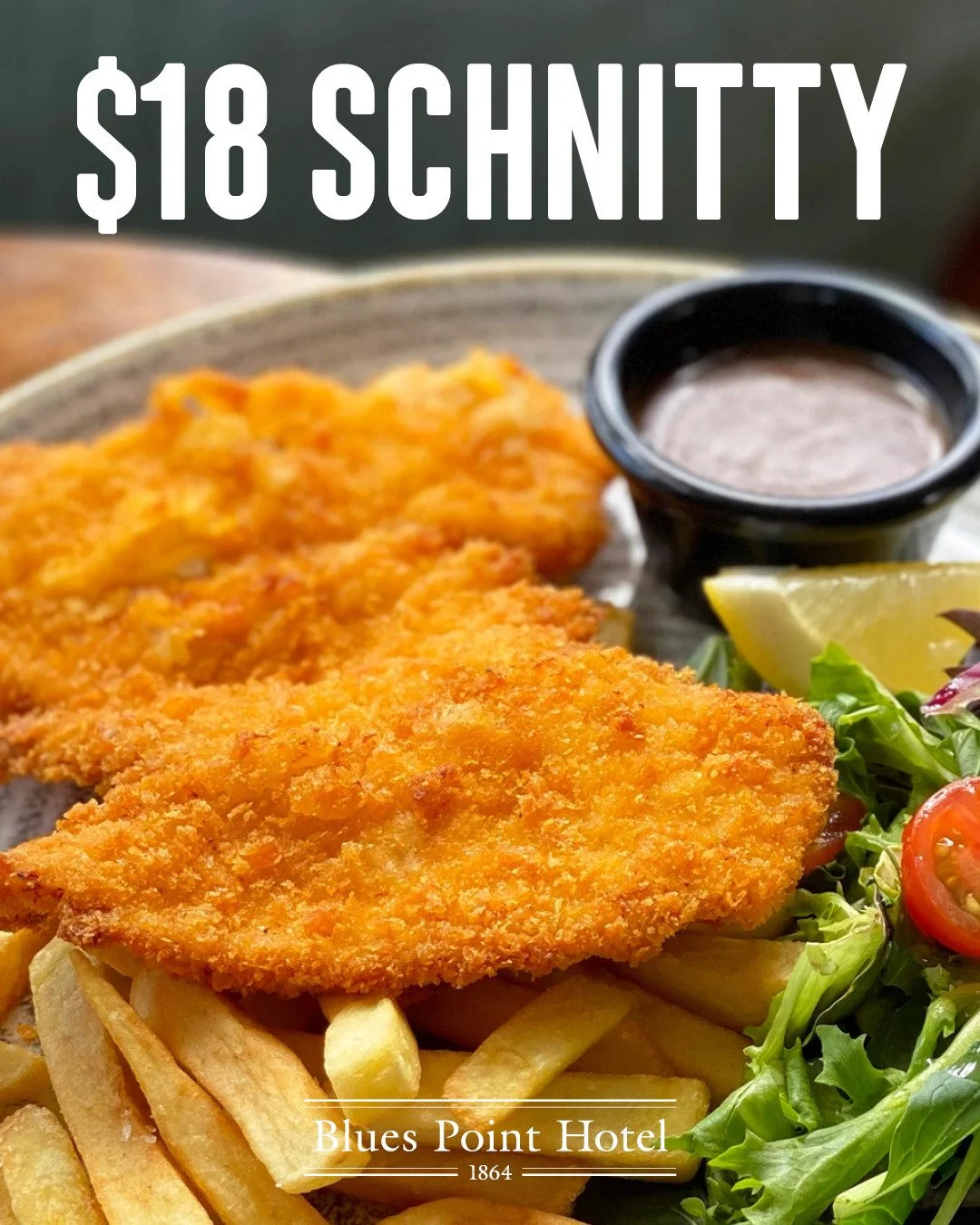 Tuesday is $18 Schnitty night!🐔 Enjoy our deliciously golden Chicken Schnitzel served with chips, salad &amp; choice of sauce for just $18 every Tuesday night at your favourite local 😋 #schnittynight #loveyourlocal #thebluespoint