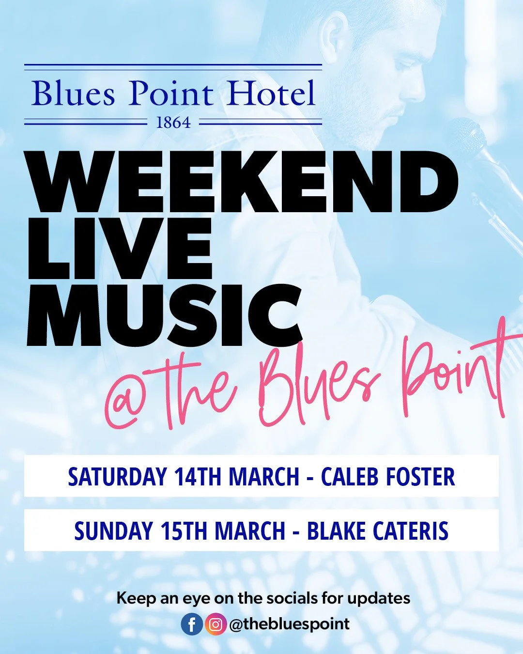 🎶 Check out the incredible live music we've got for you this weekend 🙌⁠
&bull; Sat 14th March - Caleb Foster, 7-10pm⁠
&bull; Sun 15th March - Blake Cateris, 3-6pm⁠
Can't wait to see you at The Blues Point!🍺⁠ #seeyouattheblues #mcmahonspoint #lovey