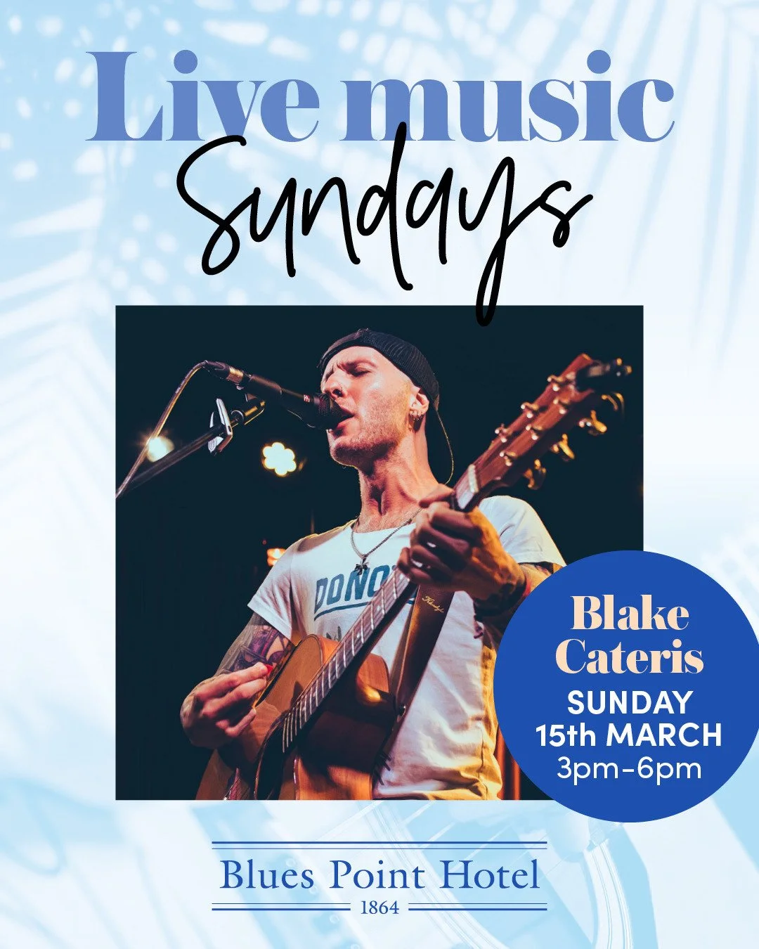 DON'T MISS! 👏We're so pleased to welcome Blake Cateris to The Blues Point playing this arvo 3-6pm. Blake is an incredible Sydney singer/songwriter who has been performing since the age of 13. Come and check him out 🙌🙌⁠
⁠
🍽️ Full bistro menu avail