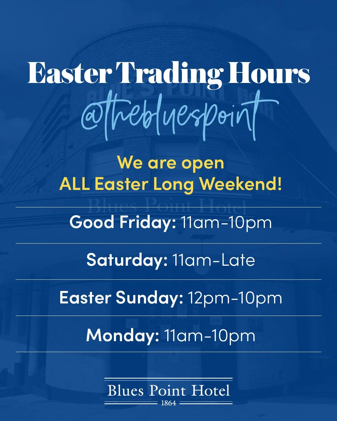 🐰🥕Hop on in to The Blues Point this Easter! We'll be open every day including Good Friday. #loveyourlocal #seeyouatthebar⁠
EASTER LIVE MUSIC:⁠
🎶 Saturday: RayJen duo from 7-10pm⁠
🎶 Easter Sunday: One Man Jam from 3-6pm
