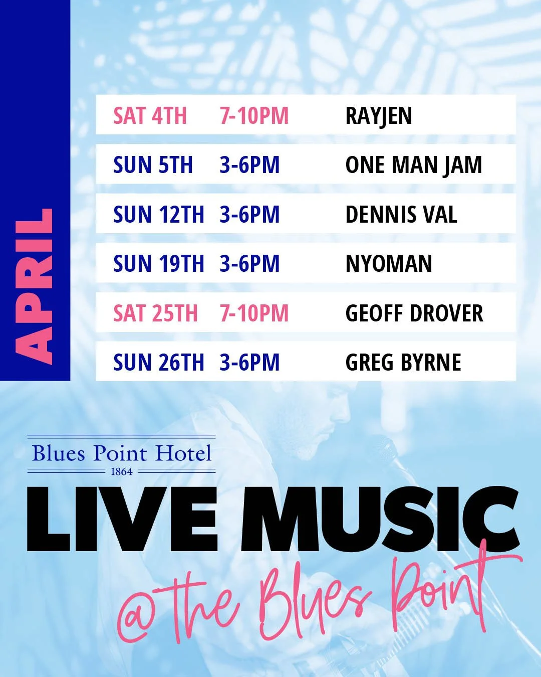 🎶 Hit save to keep hold of our HUGE Live Music line-up for APRIL 🙌 Can't wait to see you at The Blues Point!🍺⁠ ⁠
#seeyouattheblues #loveyourlocal⁠
APRIL⁠
&bull; Easter Saturday 4th April, 7-10pm - Ray Jen Duo⁠
&bull; Easter Sunday 5th April, 3-6pm