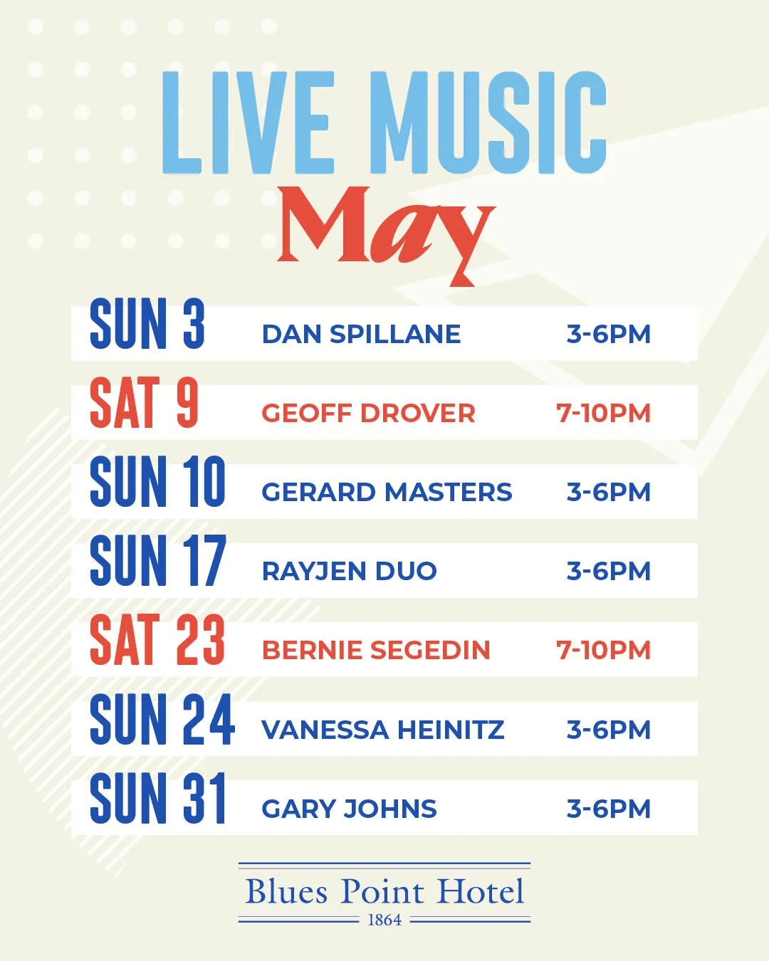 🎶 Hit save to keep hold of our HUGE Live Music line-up for MAY 🙌 Can't wait to see you at The Blues Point!🍺⁠ ⁠
#seeyouattheblues #loveyourlocal⁠
MAY⁠
&bull; Sun 3rd May, 3pm - Dan Spillane⁠
&bull; Sat 9th May, 7pm - Geoff Drover⁠
&bull; Sun 10th M