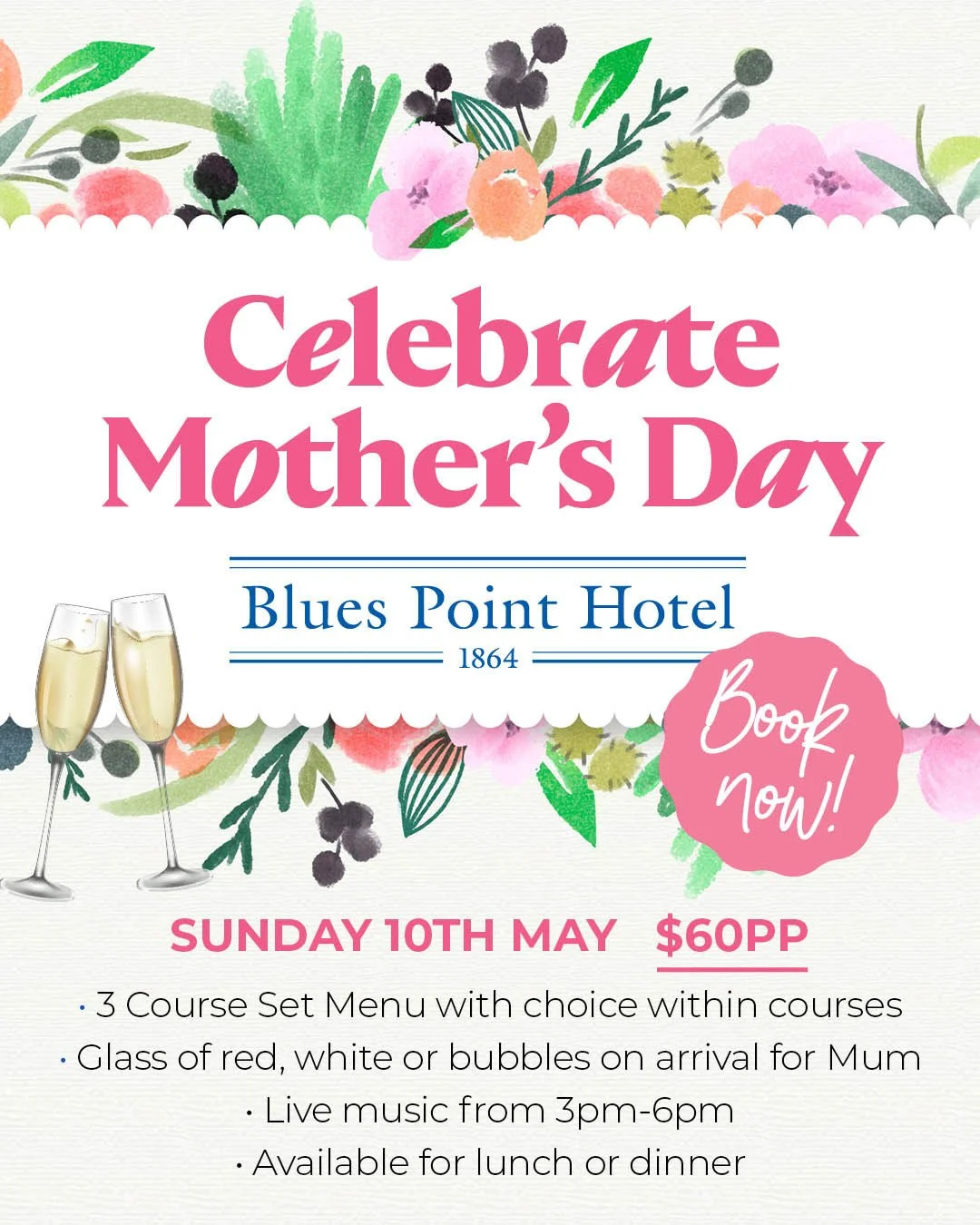 Treat Mum to Mother's Day lunch or dinner at The Blues Point, Sunday 10th May 🌸 We'll have a 3 course set menu (with choice within courses) for $60pp with a free glass of red, white or sparkling for Mum with every booking! Set menu available all day