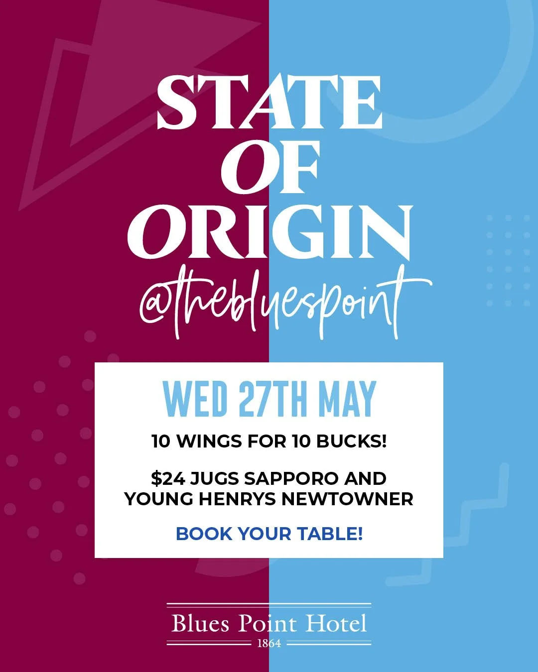 🏉Get in and book a prime table for next Wednesday night - it's State Vs State and Mate Vs Mate with Game 1 of State of Origin LIVE and LOUD! 🙌⁠
&bull; Origin SPECIAL - $10 for 10 chicken wings - honey soy or chilli 😋⁠
⁠
Don't miss out, book your t