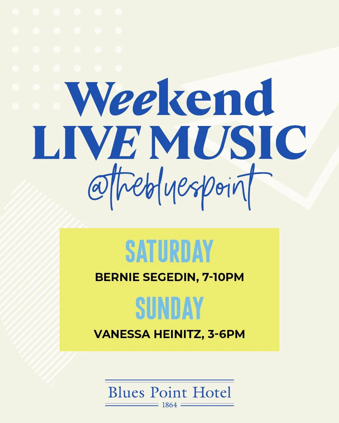 🎶Check out the incredible live music we've got for you this weekend! 🙌⁠
&bull; Saturday 23rd May - Bernie Segedin, 7-10pm⁠
&bull; Sunday 24th May - Vanessa Heinitz, 3-6pm⁠
Can't wait to see you at The Blues Point🍺⁠ #seeyouattheblues #mcmahonspoint